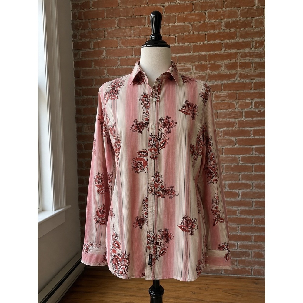 Diesel Mens Pink Floral Stripe Button Down Shirt Long Sleeve L Cotton Indie Boho